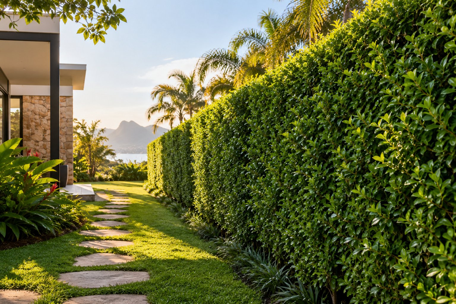Jardim residencial com cerca viva densa, gramado e caminho de pedras