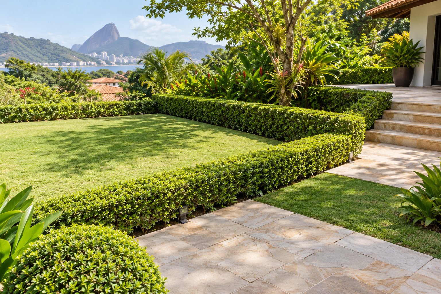 Buxinhos baixos formando divisões decorativas no jardim